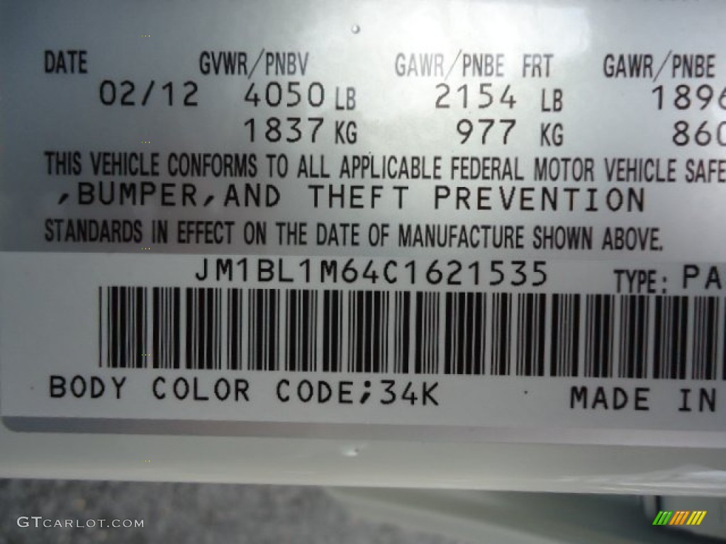 2012 MAZDA3 Color Code 34K for Crystal White Pearl Mica Photo #64416061