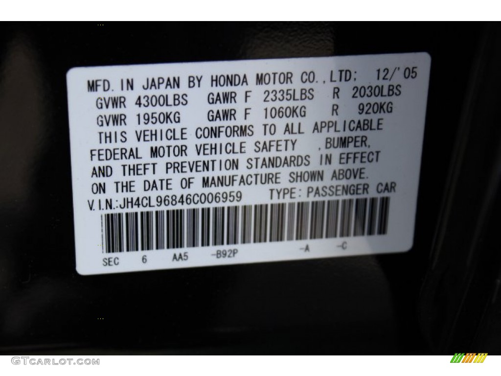 2006 TSX Color Code B92P for Nighthawk Black Pearl Photo #64430117