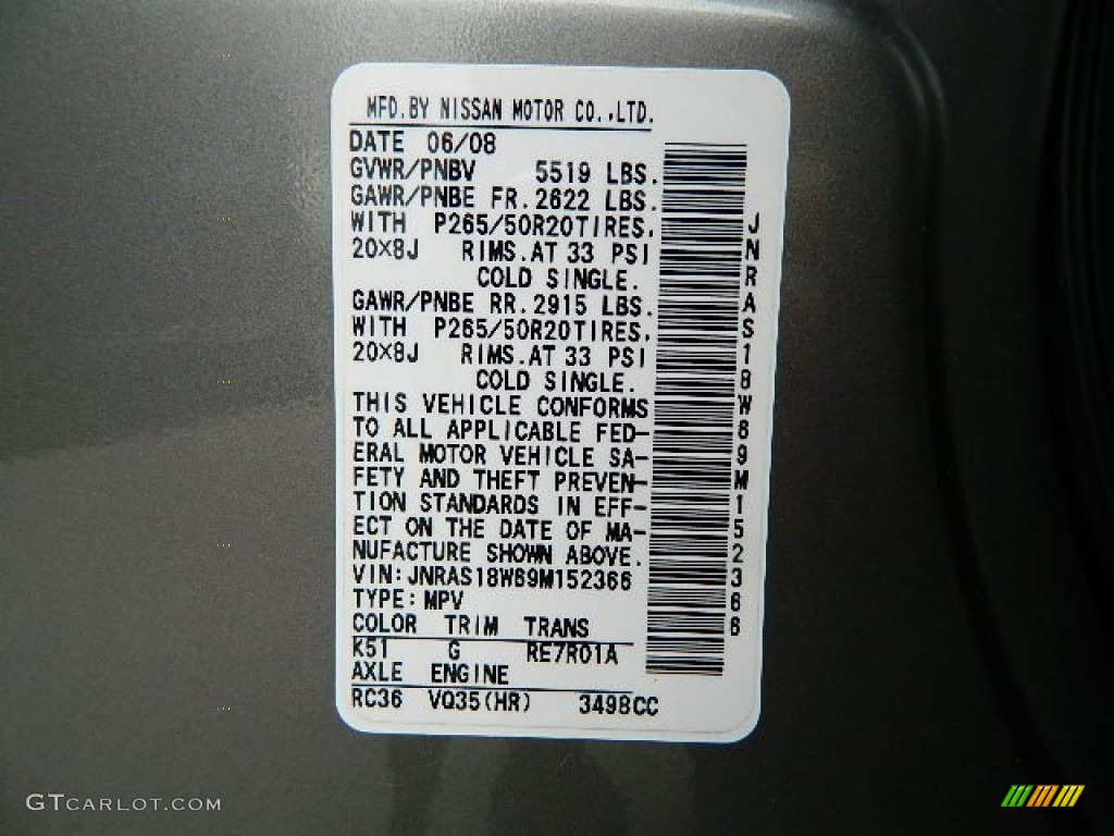 2009 FX Color Code K51 for Platinum Graphite Photo #64434146