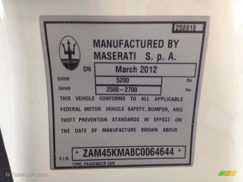 2012 Maserati GranTurismo Convertible GranCabrio Info Tag Photos