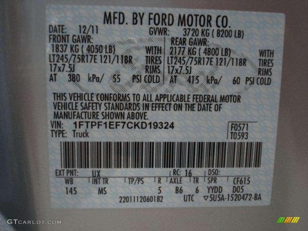 2012 F150 Color Code UX for Ingot Silver Metallic Photo #64436889