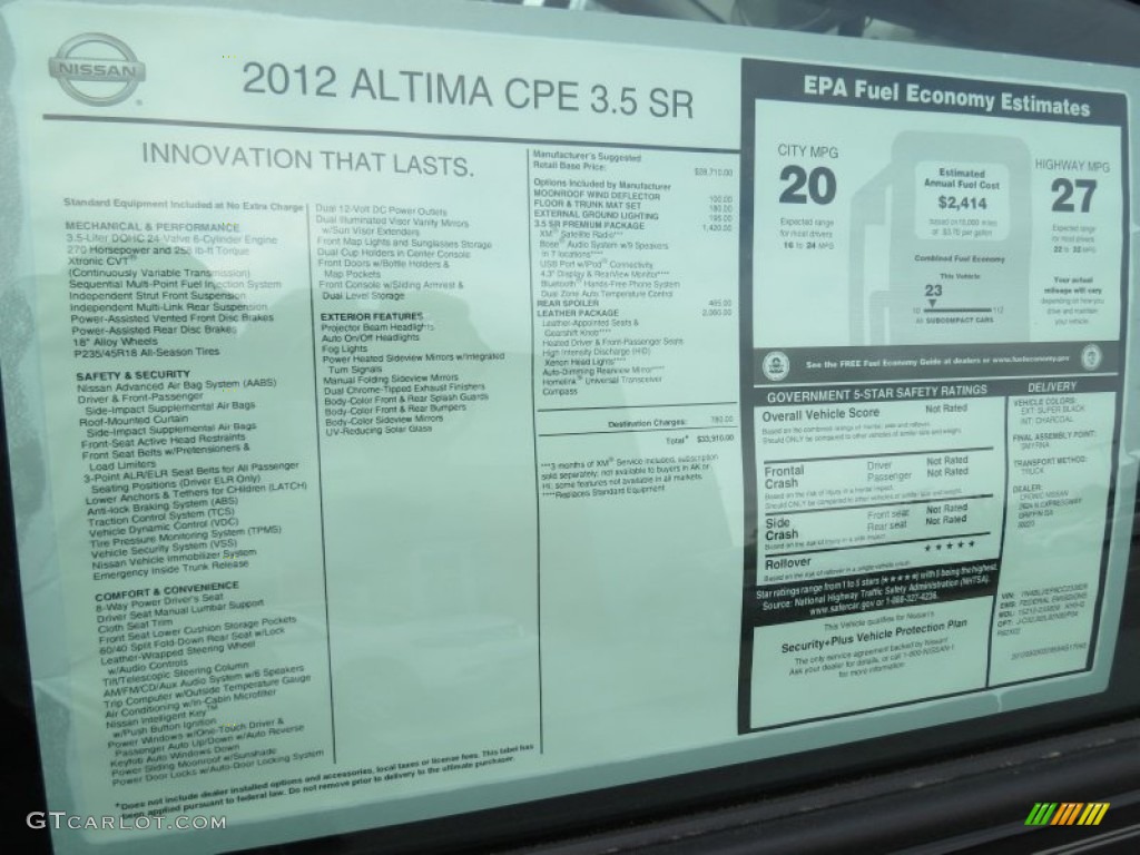 2012 Nissan Altima 3.5 SR Coupe Window Sticker Photo #64441761