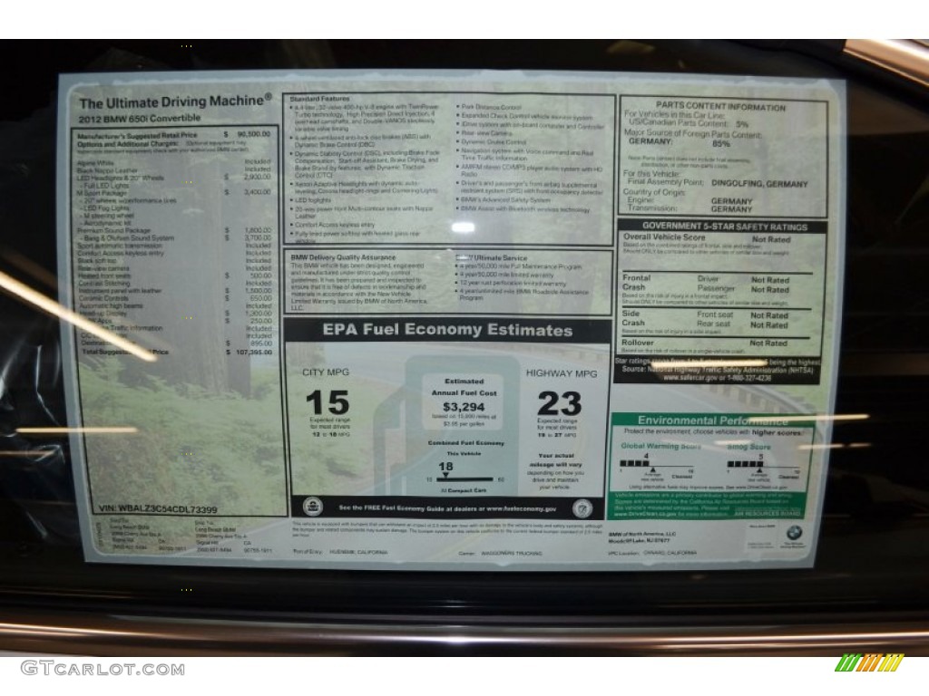 2012 BMW 6 Series 650i Convertible Window Sticker Photo #64448811