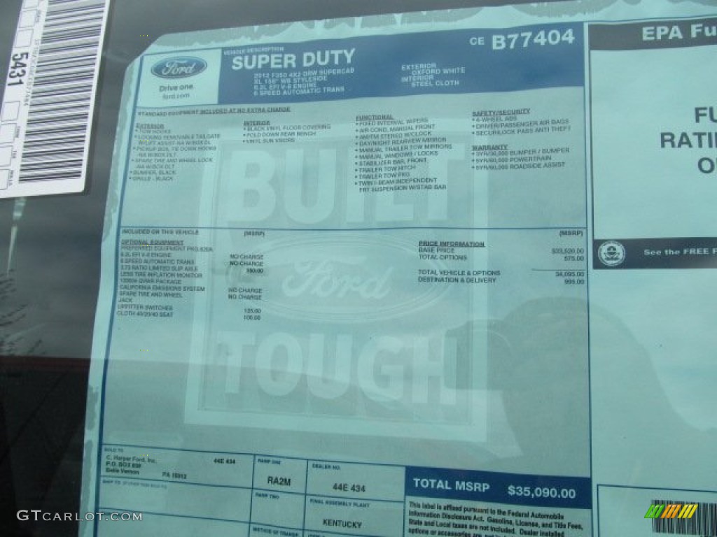 2012 Ford F350 Super Duty XL SuperCab Dually Window Sticker Photo #64454793
