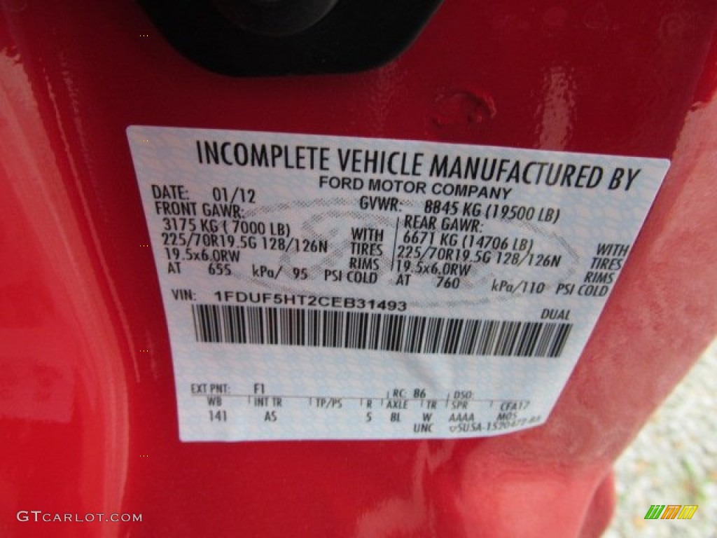 2012 F550 Super Duty Color Code F1 for Vermillion Red Photo #64455385