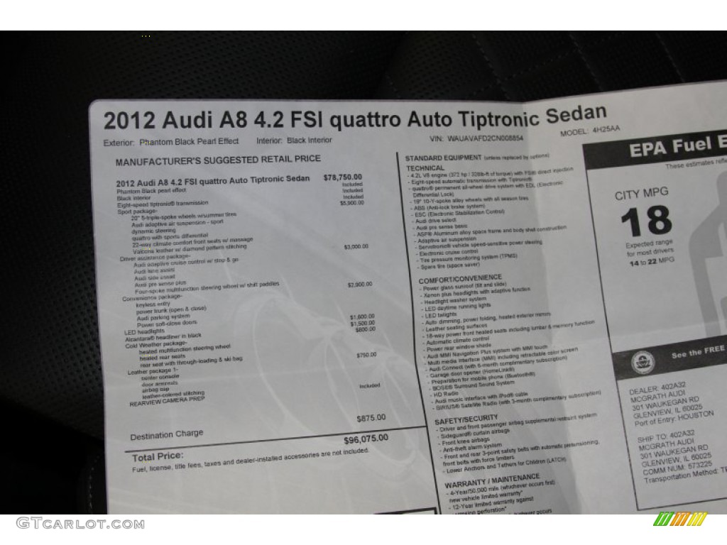 2012 Audi A8 4.2 quattro Window Sticker Photo #64455845