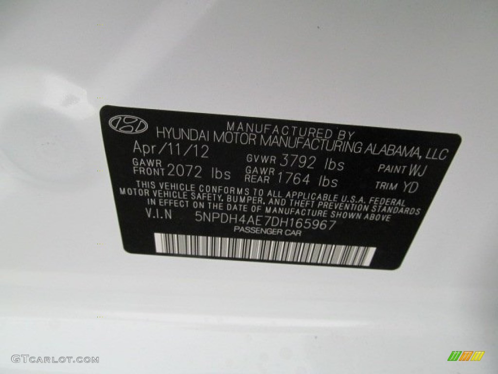 2013 Elantra Color Code WJ for Shimmering White Photo #64460742