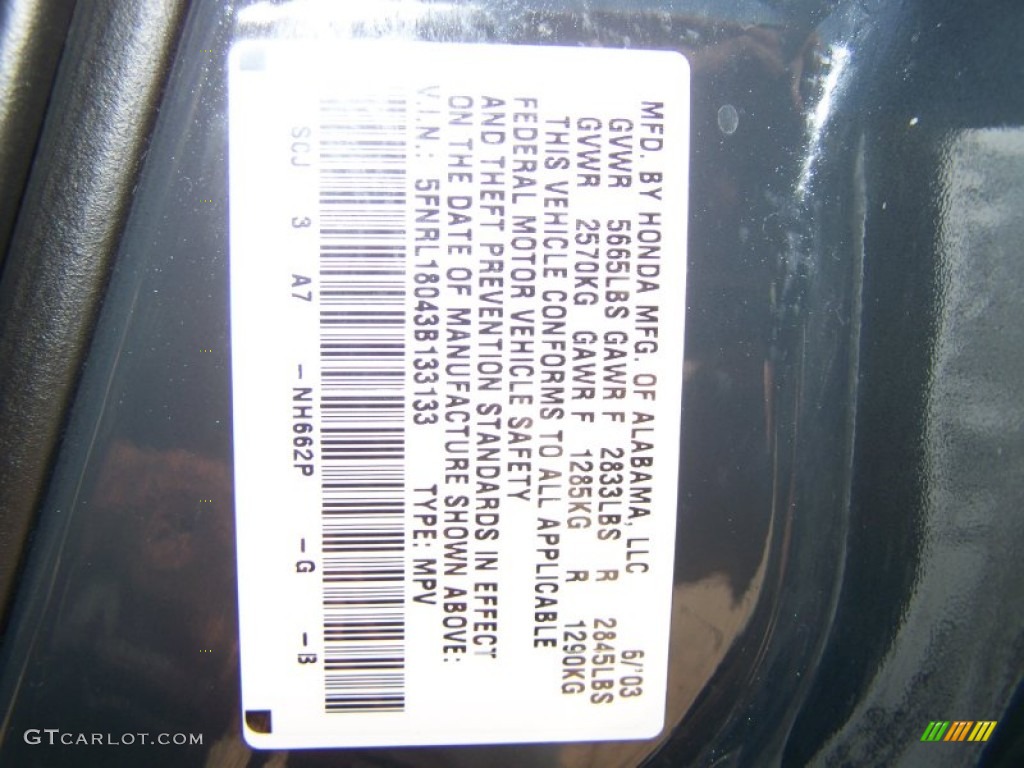 2003 Honda odyssey paint code