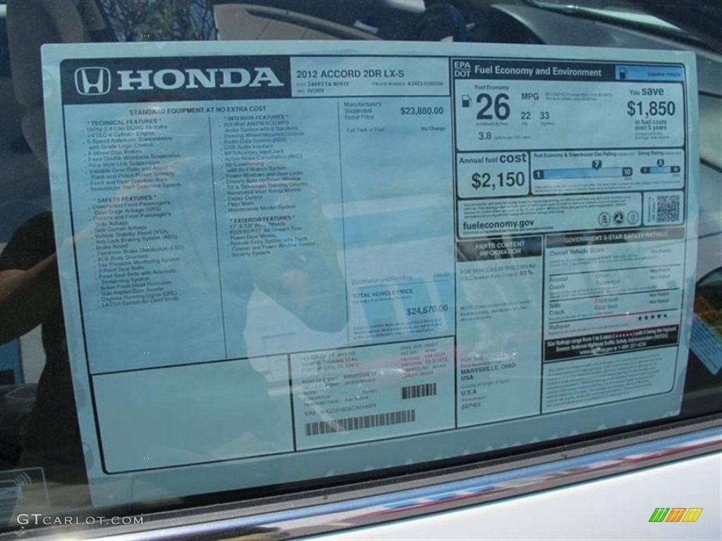 2012 Honda Accord LX-S Coupe Window Sticker Photos