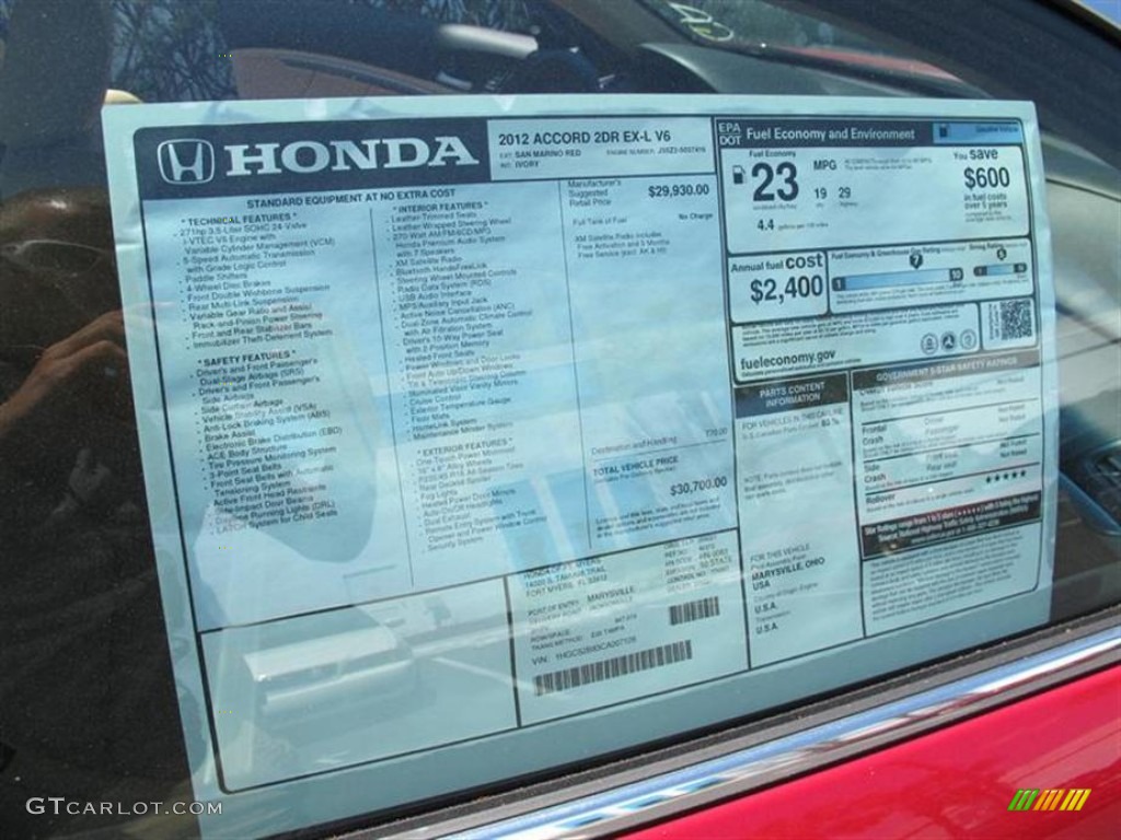 2012 Honda Accord EX-L V6 Coupe Window Sticker Photo #64490980