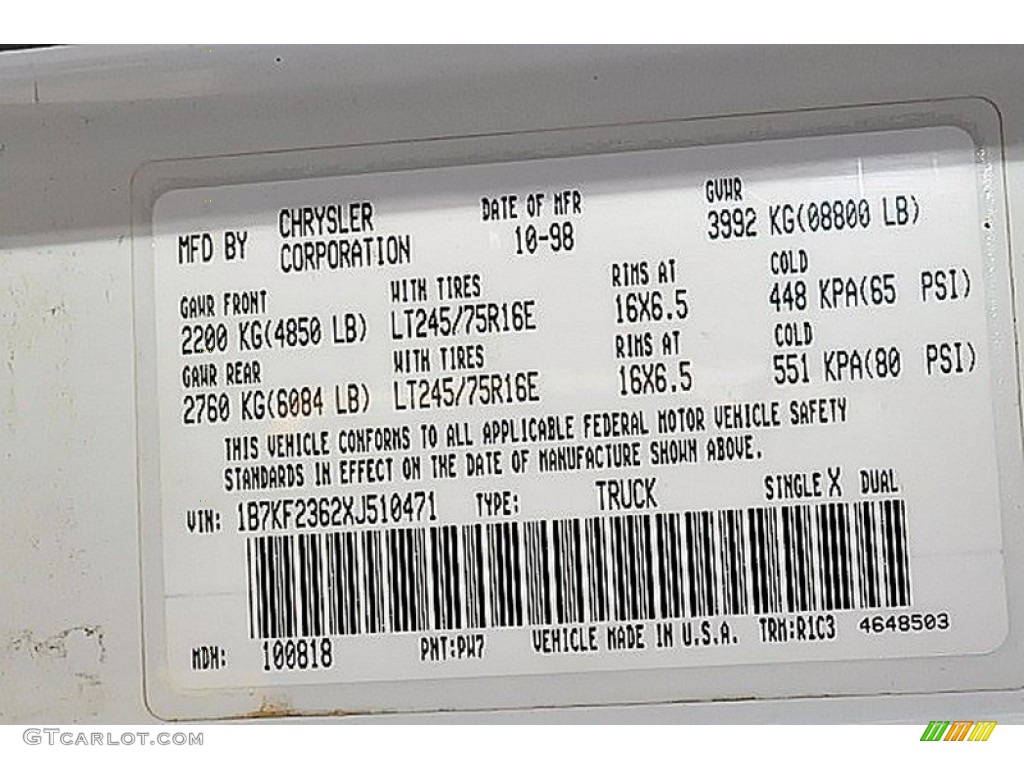 1999 Ram 2500 Color Code PW7 for Bright White Photo #64491556