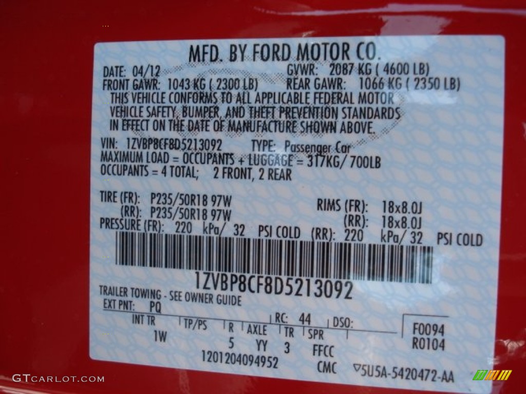 2013 Mustang Color Code PQ for Race Red Photo #64548402