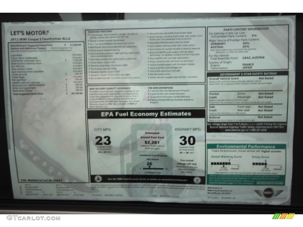 2012 Mini Cooper S Countryman All4 AWD Window Sticker Photo #64573382