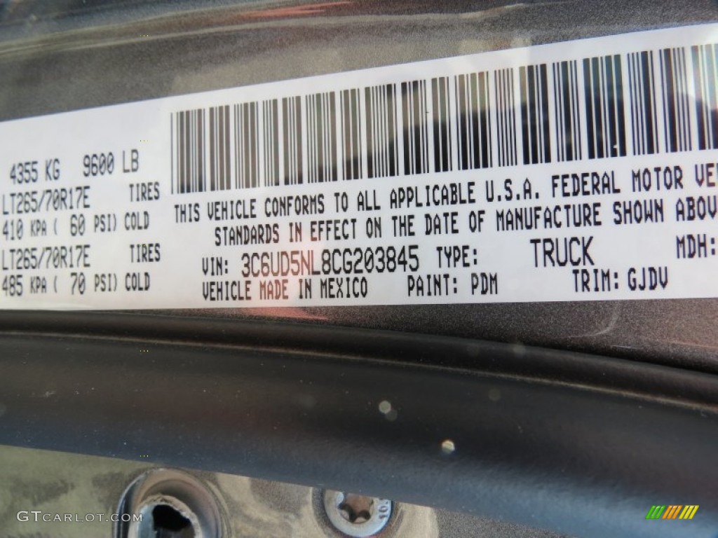 2012 Ram 2500 HD Color Code PDM for Mineral Gray Metallic Photo #64605897