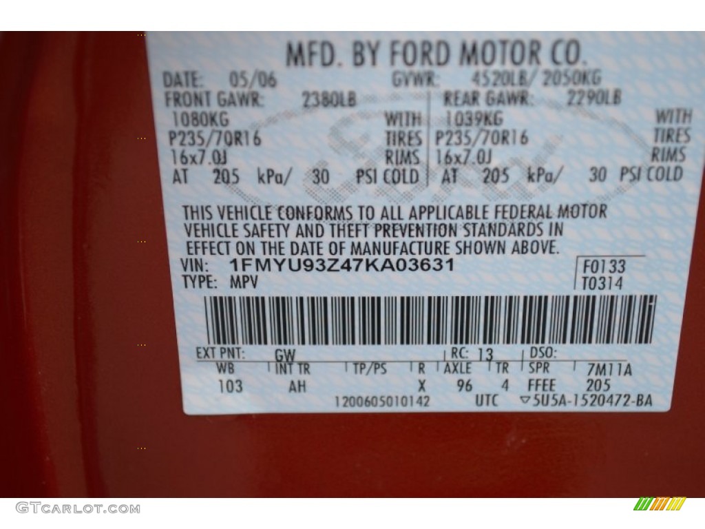 2007 Ford Escape XLT 4WD Color Code Photos