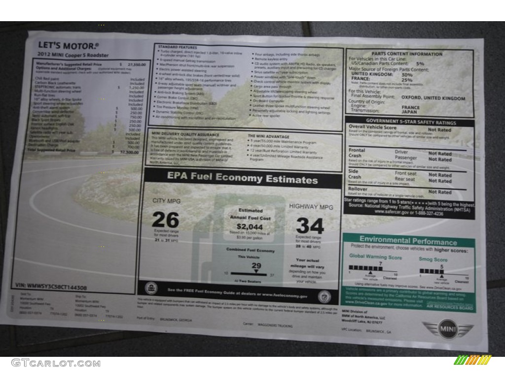 2012 Mini Cooper S Roadster Window Sticker Photo #64624762