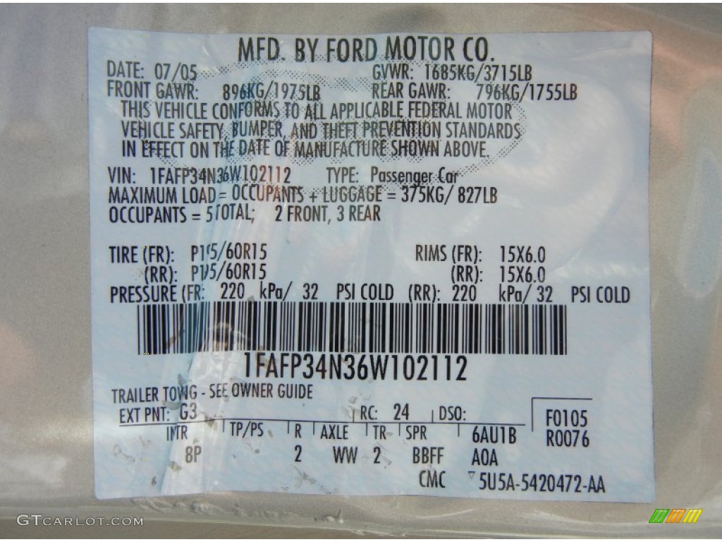 2006 Ford Focus ZX4 S Sedan Color Code Photos