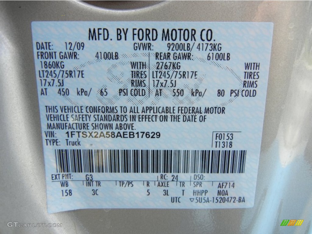 2010 Ford F250 Super Duty XLT SuperCab Color Code Photos