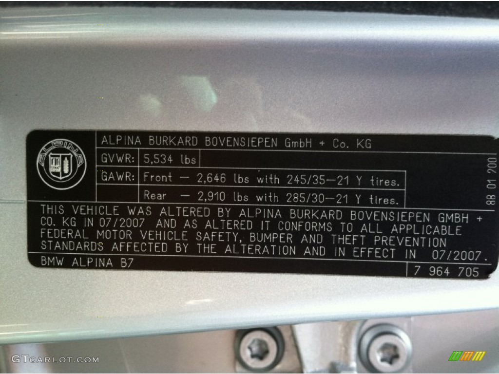 2007 BMW 7 Series Alpina B7 Info Tag Photo #64632383
