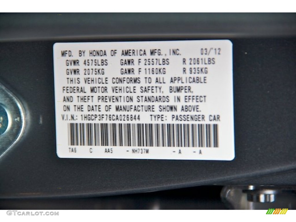 2012 Honda Accord EX V6 Sedan Color Code Photos
