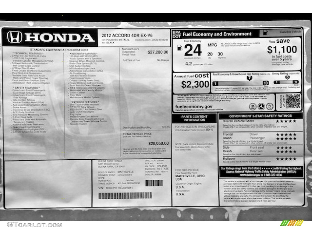 2012 Honda Accord EX V6 Sedan Window Sticker Photo #64659033