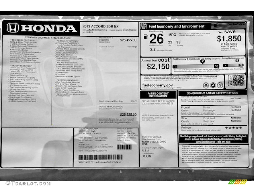 2012 Honda Accord EX Coupe Window Sticker Photo #64659236