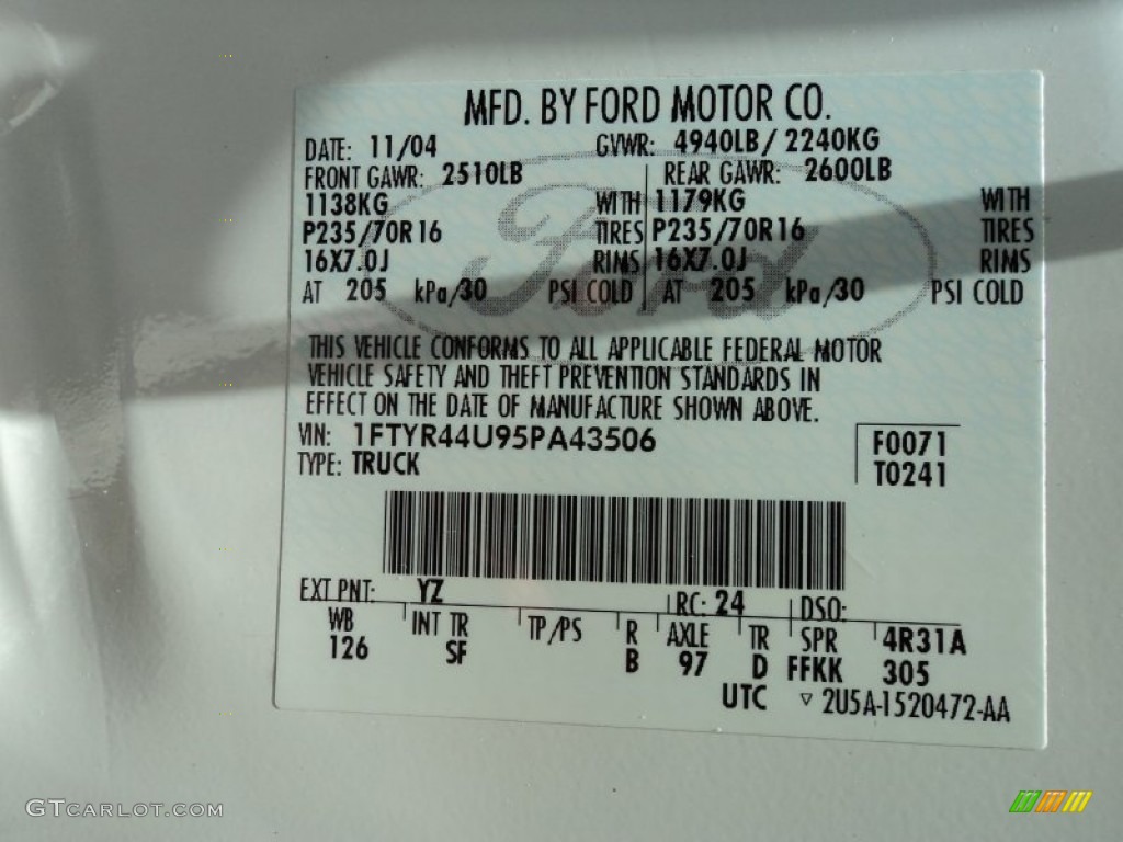 2005 Ranger Color Code YZ for Oxford White Photo #64677932