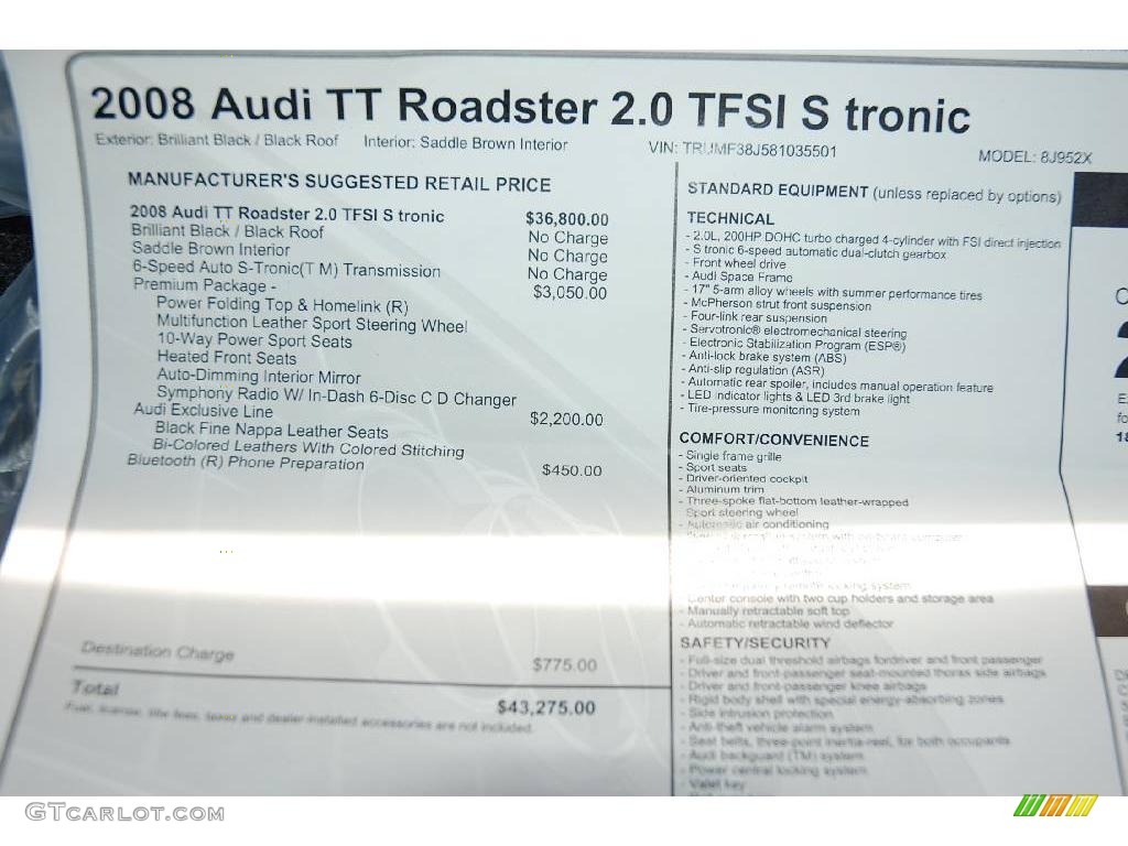 2008 Audi TT 2.0T Roadster Window Sticker Photo #6468053