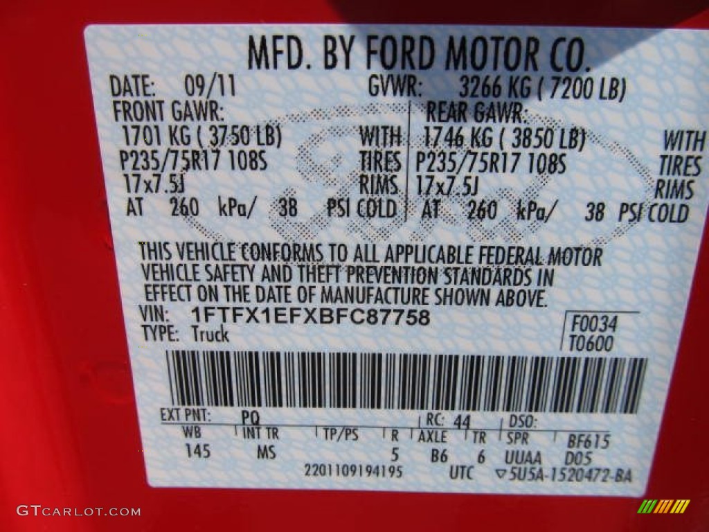 2011 F150 Color Code PQ for Race Red Photo #64683077