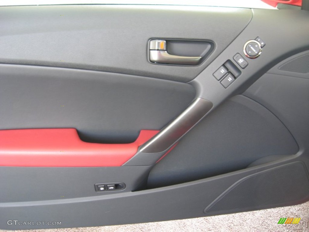 2012 Hyundai Genesis Coupe 3.8 R-Spec Black Leather/Red Cloth Door Panel Photo #64687664