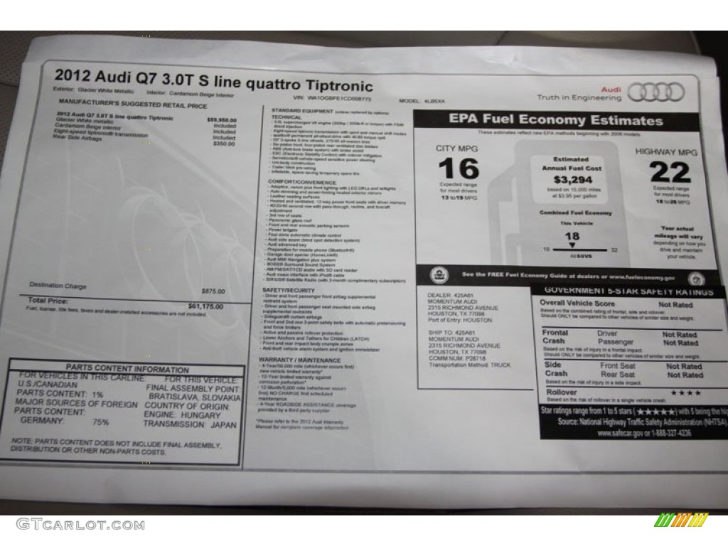 2012 Audi Q7 3.0 TFSI quattro Window Sticker Photo #64698159