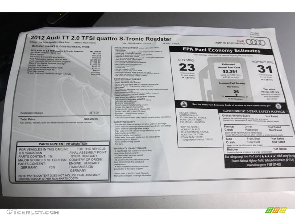 2012 Audi TT 2.0T quattro Roadster Window Sticker Photo #64700628