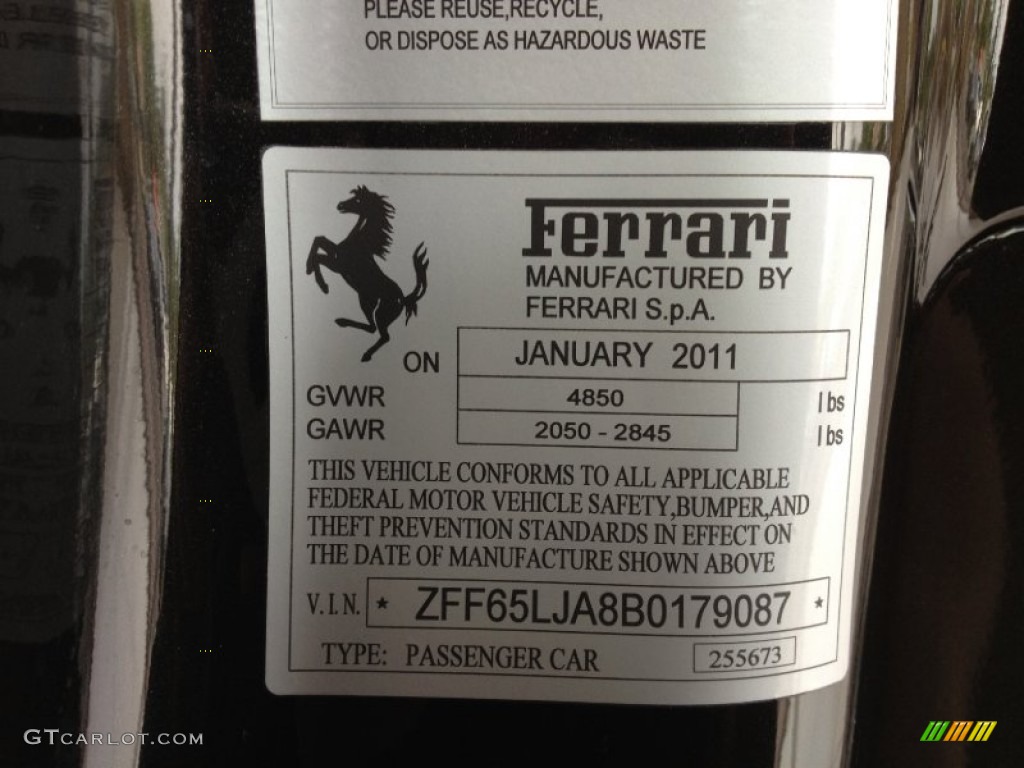 2011 Ferrari California Standard California Model Info Tag Photo #64710438
