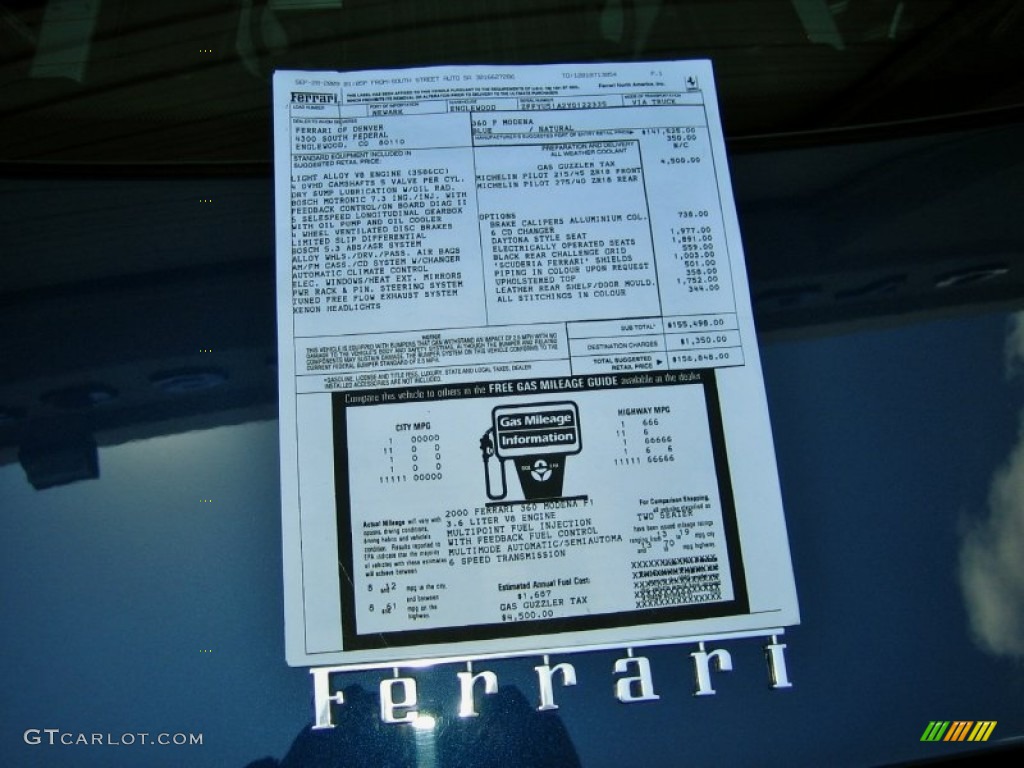 2000 Ferrari 360 Modena Window Sticker Photo #64713255