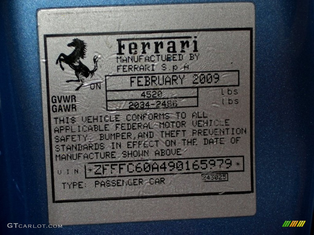 2009 Ferrari 599 GTB Fiorano Standard 599 GTB Fiorano Model Info Tag Photo #64713891