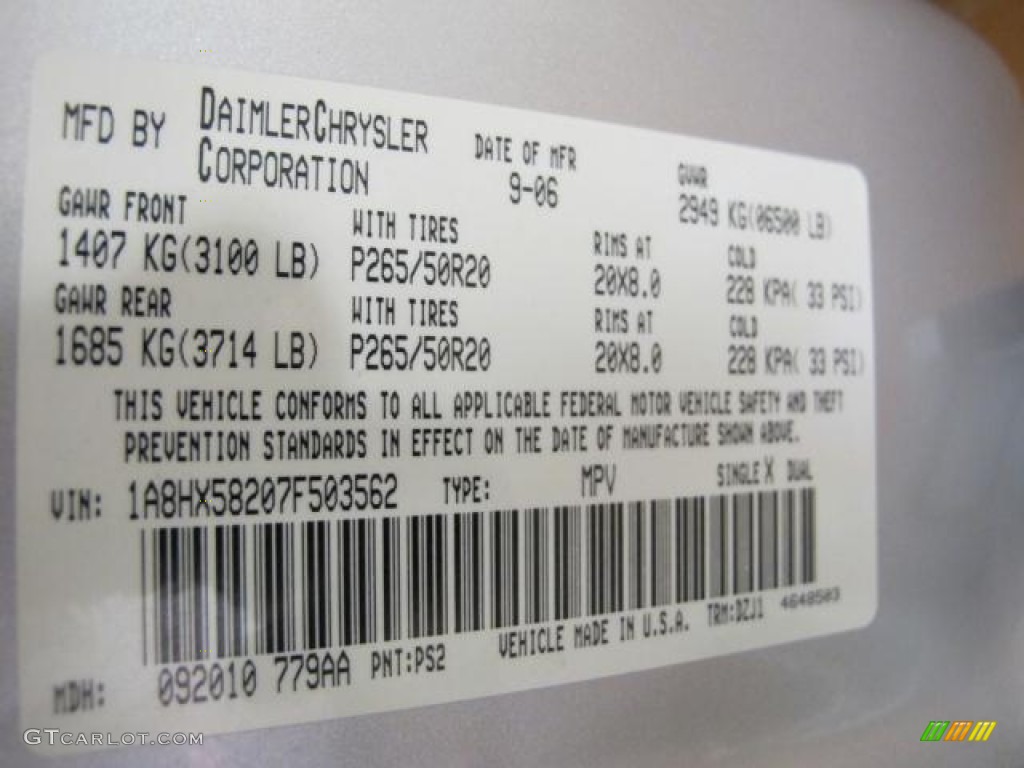 2007 Chrysler Aspen Limited HEMI Color Code Photos