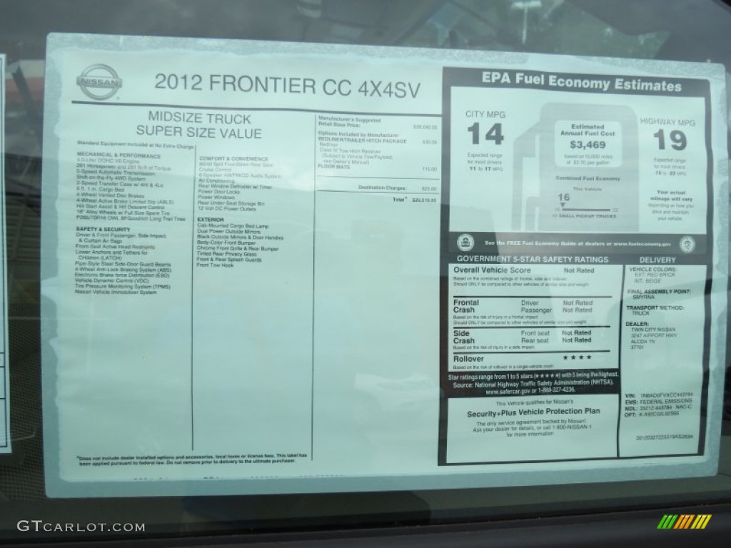 2012 Nissan Frontier SV Crew Cab 4x4 Window Sticker Photo #64751376