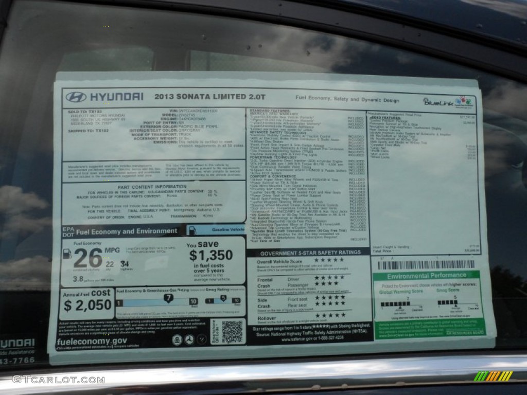 2013 Hyundai Sonata Limited 2.0T Window Sticker Photo #64780668