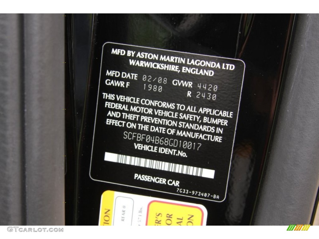 2008 Aston Martin V8 Vantage Roadster Info Tag Photos