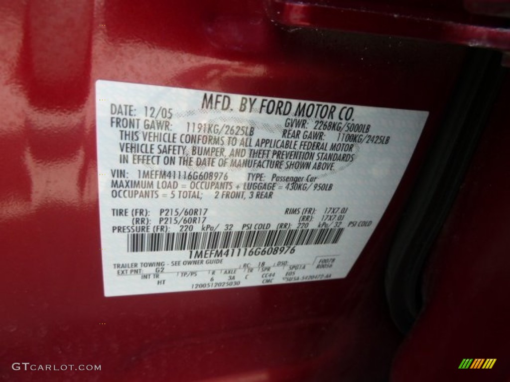 2006 Mercury Montego Luxury AWD Color Code Photos