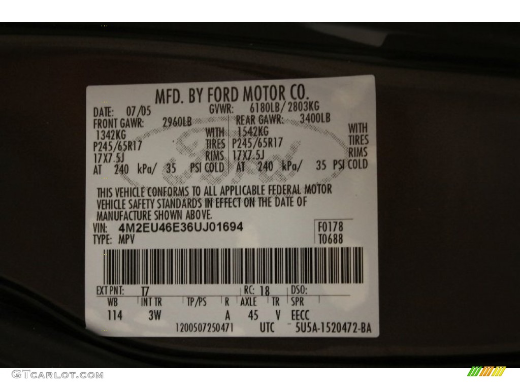 2006 Mercury Mountaineer Convenience AWD Color Code Photos