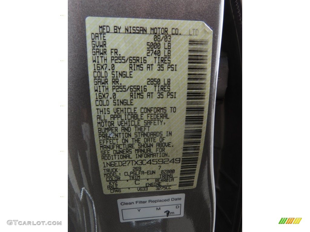 2003 Nissan Frontier SE V6 Crew Cab Color Code Photos