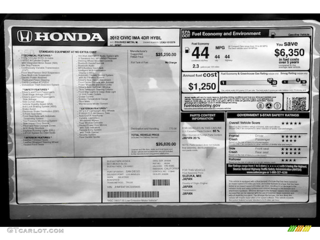 2012 Honda Civic Hybrid-L Sedan Window Sticker Photos