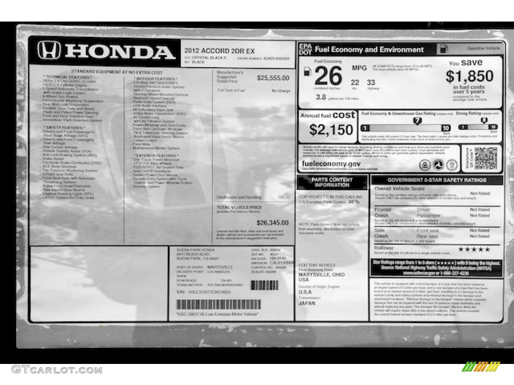 2012 Honda Accord EX Coupe Window Sticker Photo #64805406