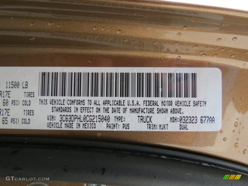 2012 Ram 3500 HD Color Code PUS for Saddle Brown Pearl Photo #64823005