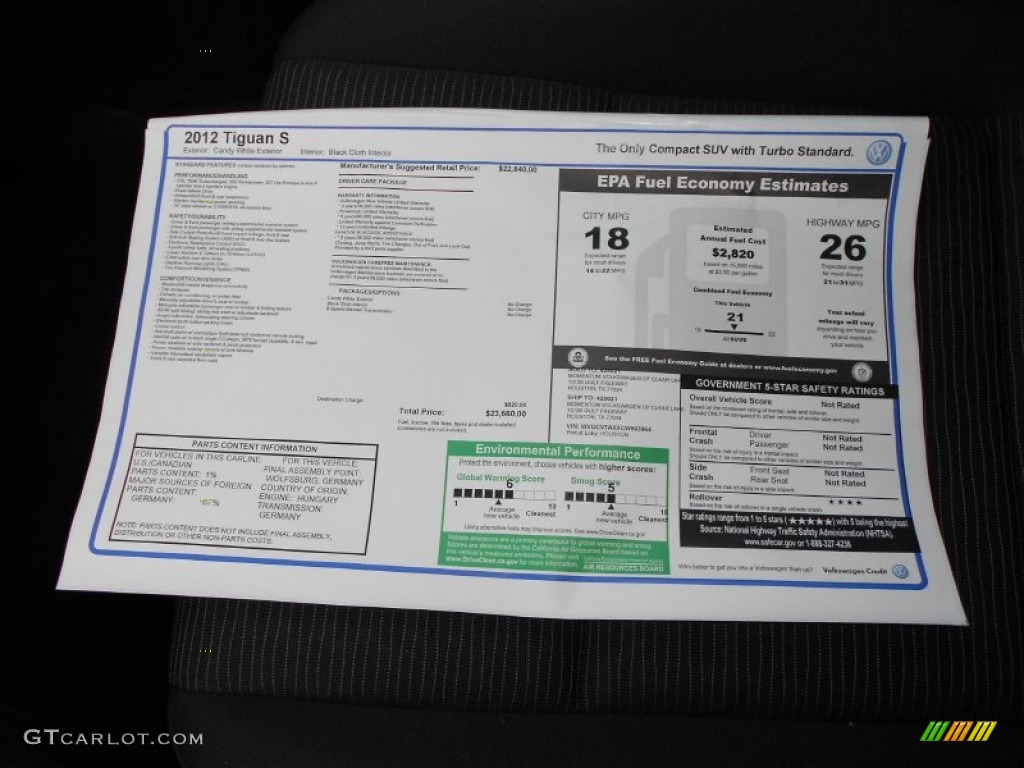 2012 Volkswagen Tiguan S Window Sticker Photo #64832593