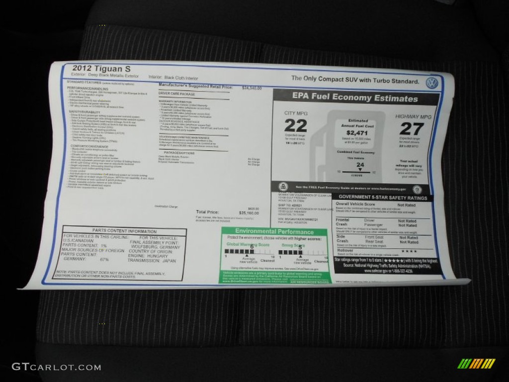 2012 Tiguan S - Deep Black Metallic / Black photo #22