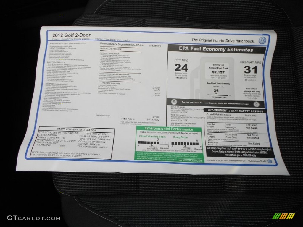 2012 Volkswagen Golf 2 Door Window Sticker Photo #64834585