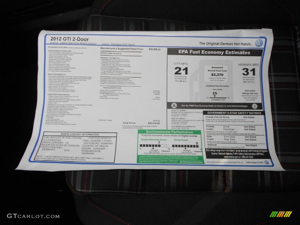 2012 Volkswagen GTI 2 Door Window Sticker Photo #64834771