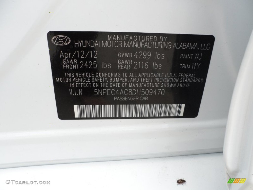 2013 Sonata Color Code WJ for Shimmering White Photo #64854136